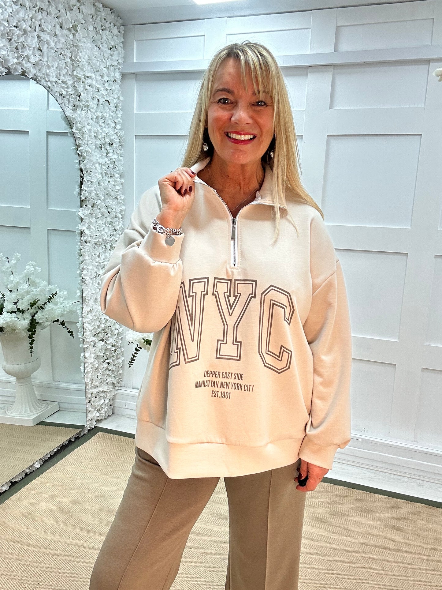 Nyla: Cream NYC half zip oversized sweater. One size: 14-20