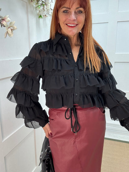 Jovana: Black ruffle blouse. 3 sizes xx
