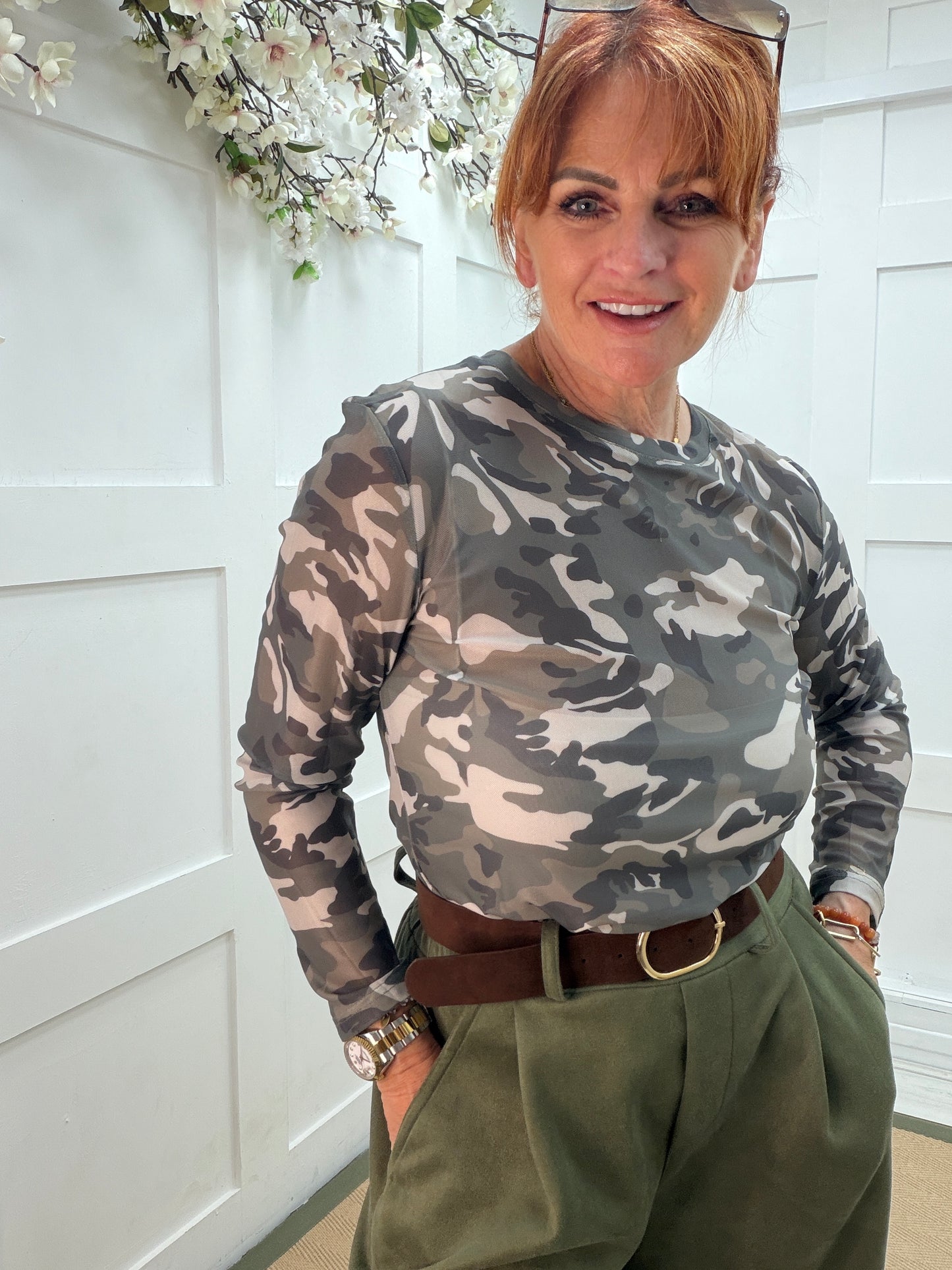 Maddox: Camo print sheer mesh top. 10-18. 2 colours
