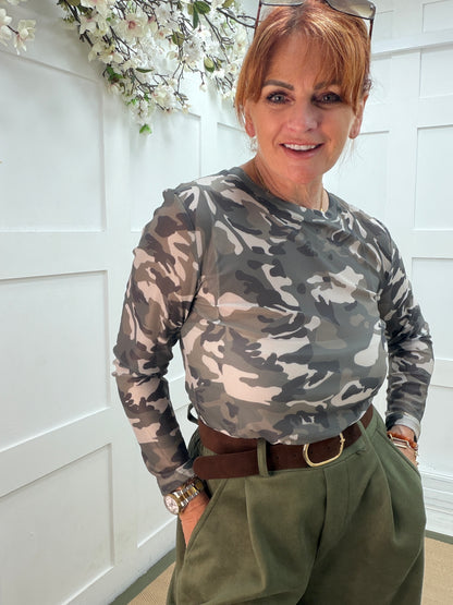 Maddox: Camo print sheer mesh top. 10-18. 2 colours