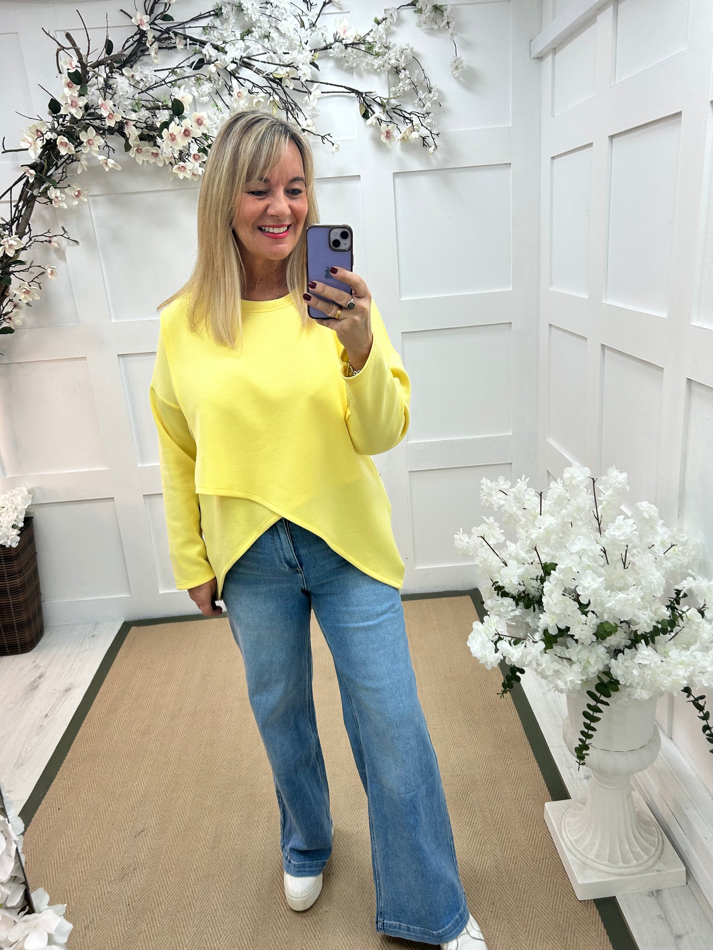Phoebe: Yellow over lay front oversized top . One size: 14-18