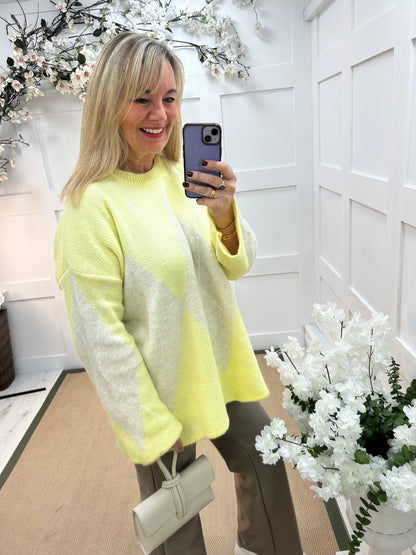 Andi: Lemon argyle knitted top. One size: 14-20