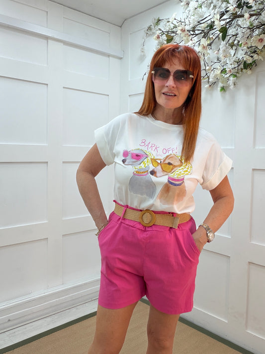 Blake: White “bark off” dog T shirt. One size: 10-14