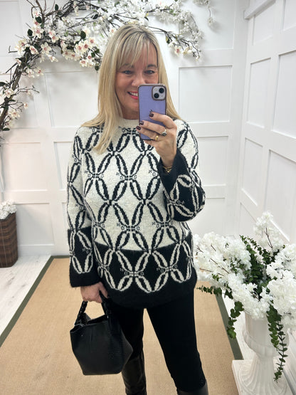 Macey: Cream & black pattern wool top. One size: 12-18