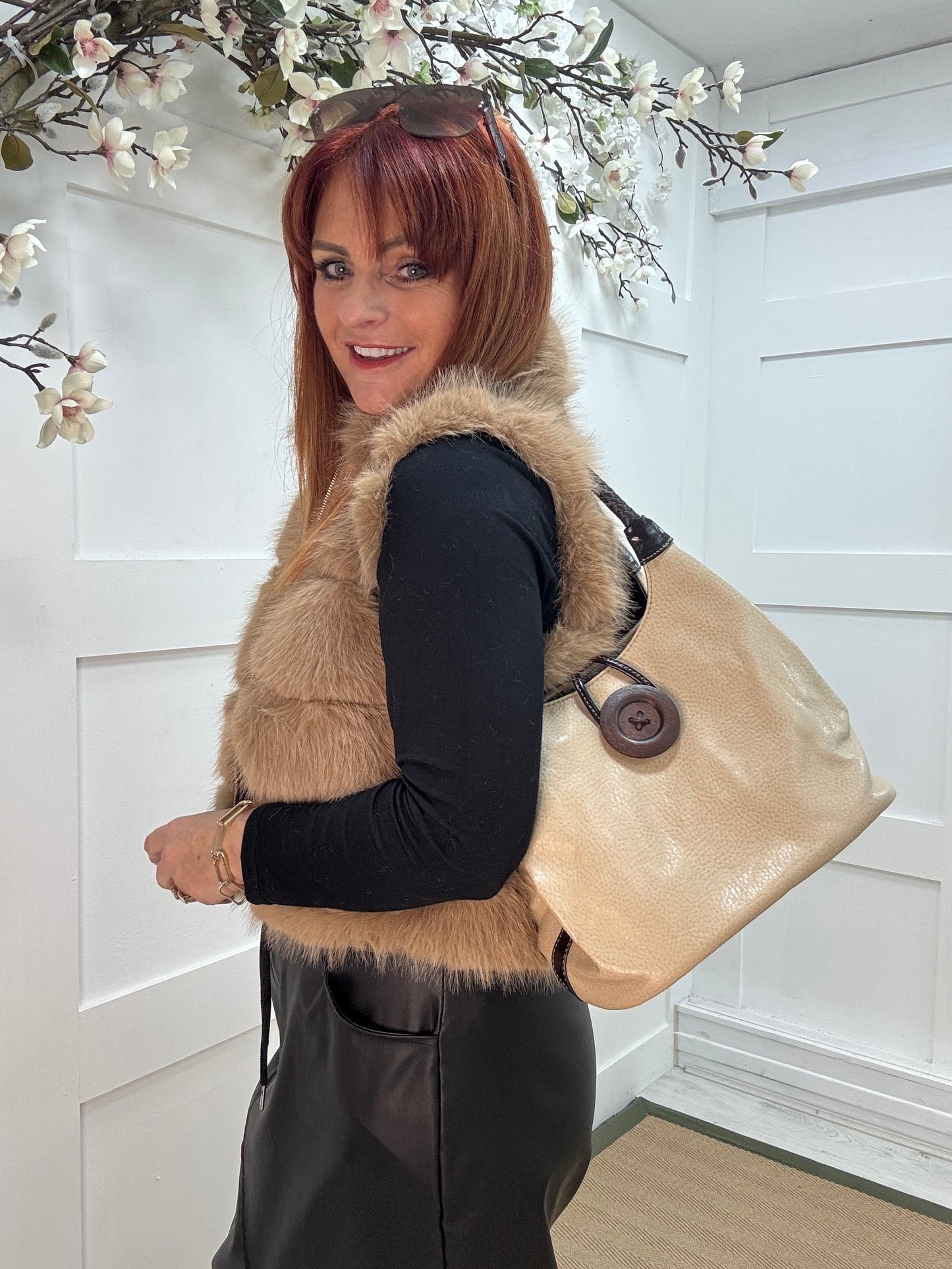 Pipa: Cream slouchy big button shoulder bag.