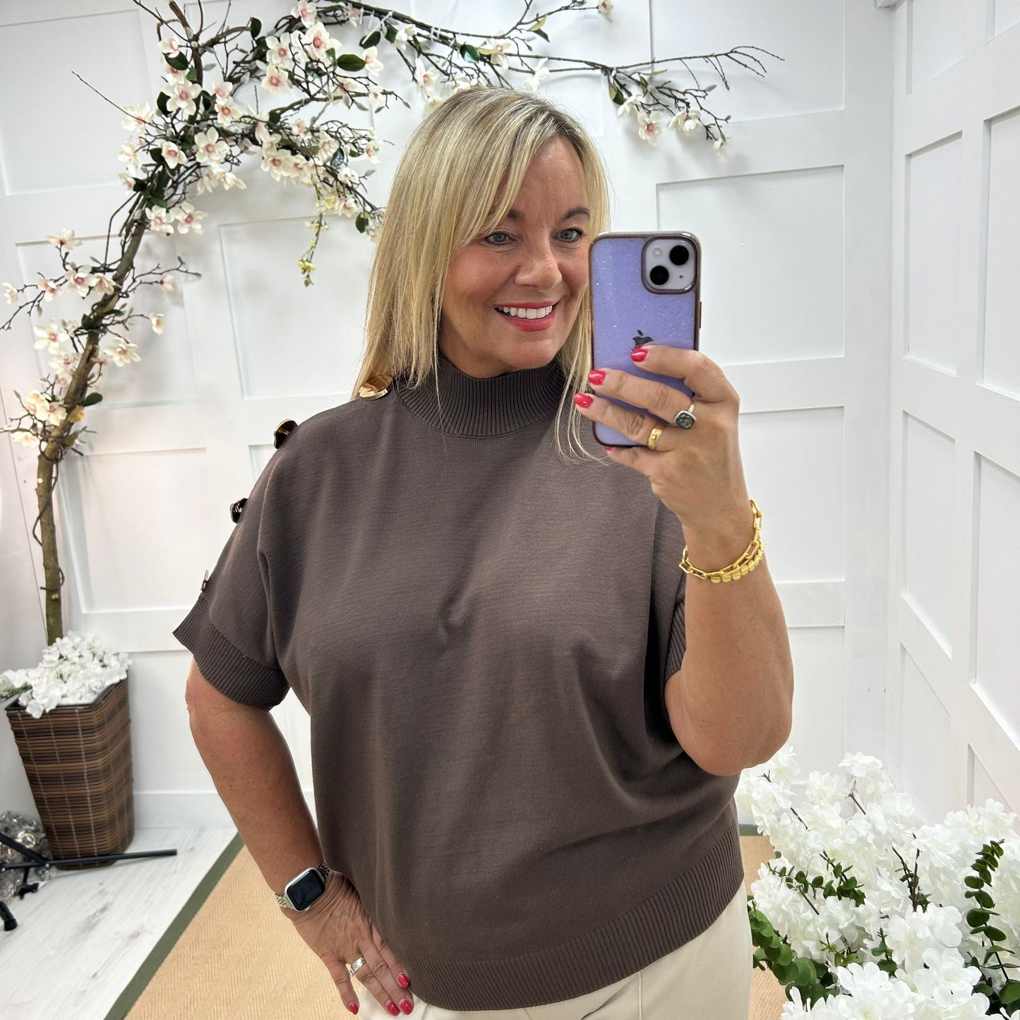 Camille: Brown short sleeve gold button top. One Size 12-20