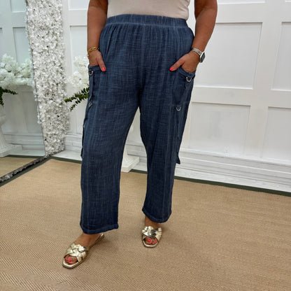 Skylar: Denim blue Made in Italy cotton trousers. Sizes: 16-20