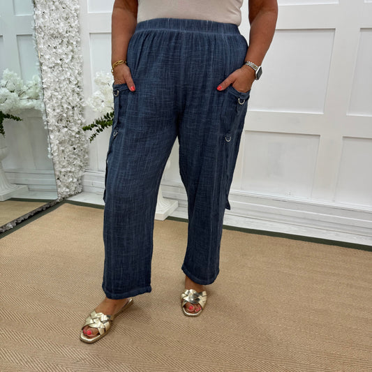 Skylar: Denim blue Made in Italy cotton trousers. Sizes: 16-20