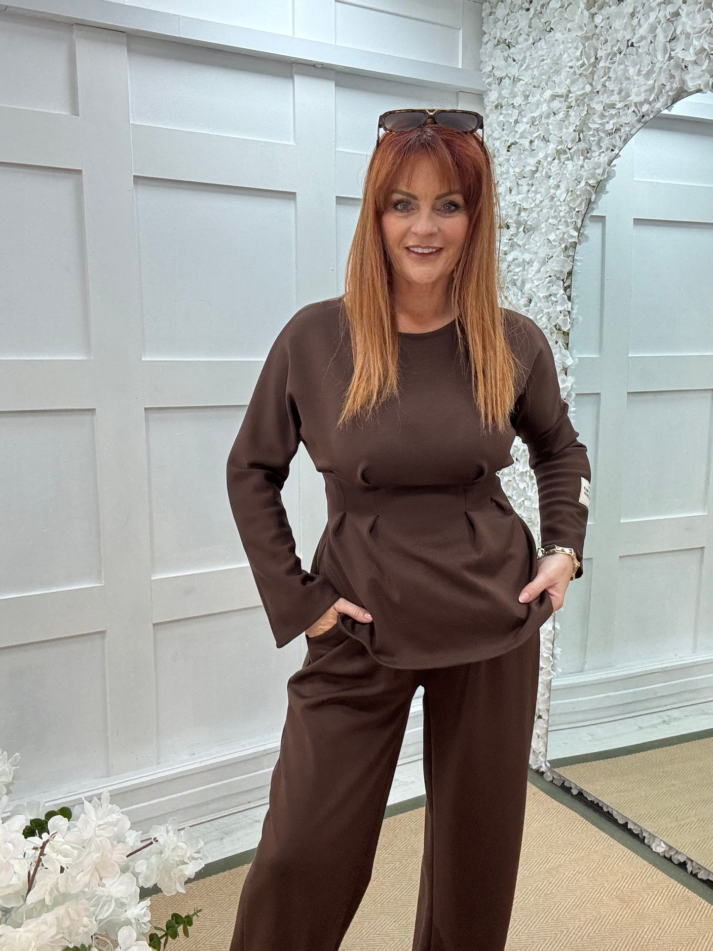 Pandora: Brown 2 piece peplum loungewear set. One size: 10-14