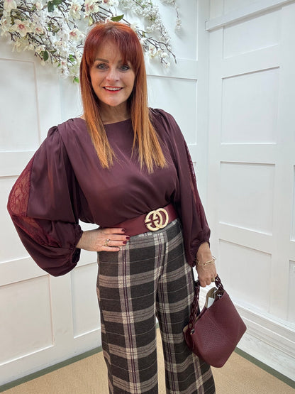 Carmella: Burgundy lace balloon sleeve blouse. One size 14-18