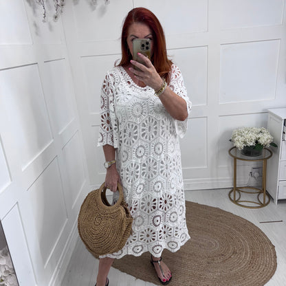 Alison: Long white crochet knit dress. One size: 12-20