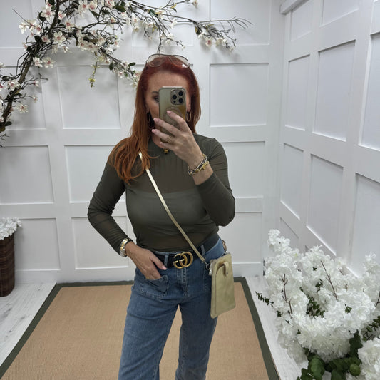 Romy: Khaki sheer mesh top. One Sz: 12-18