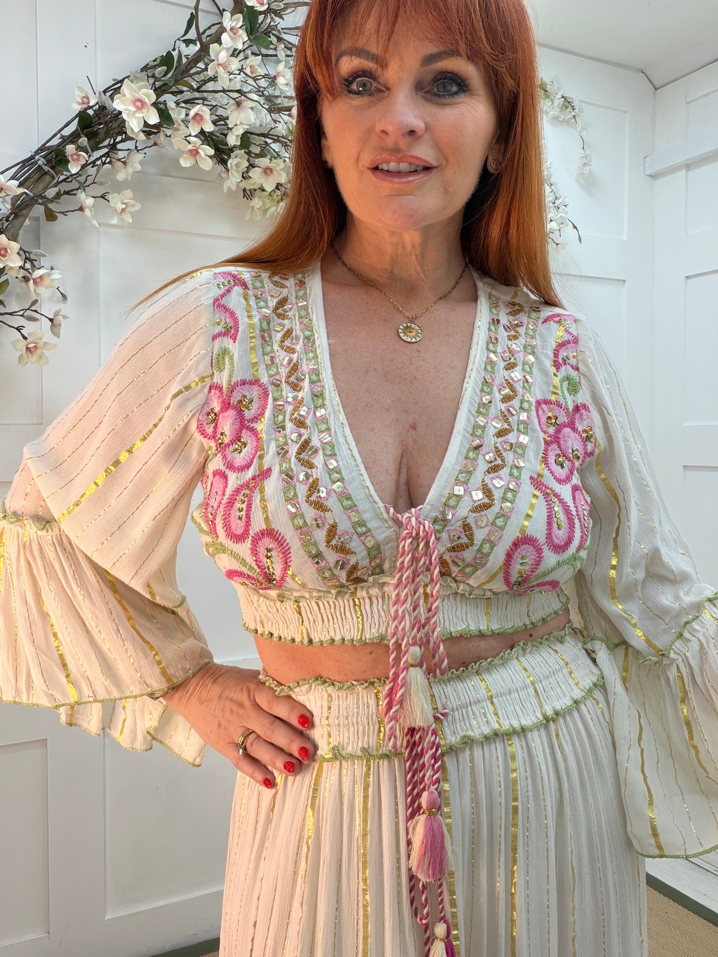 Cassie: Embroidered bohemian top and tiered maxi skirt set. One size: 8-14