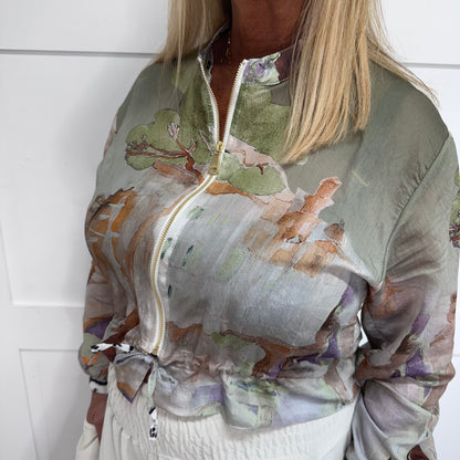 Sutton: Silky khaki tree printed bomber jacket. One size: 8-18
