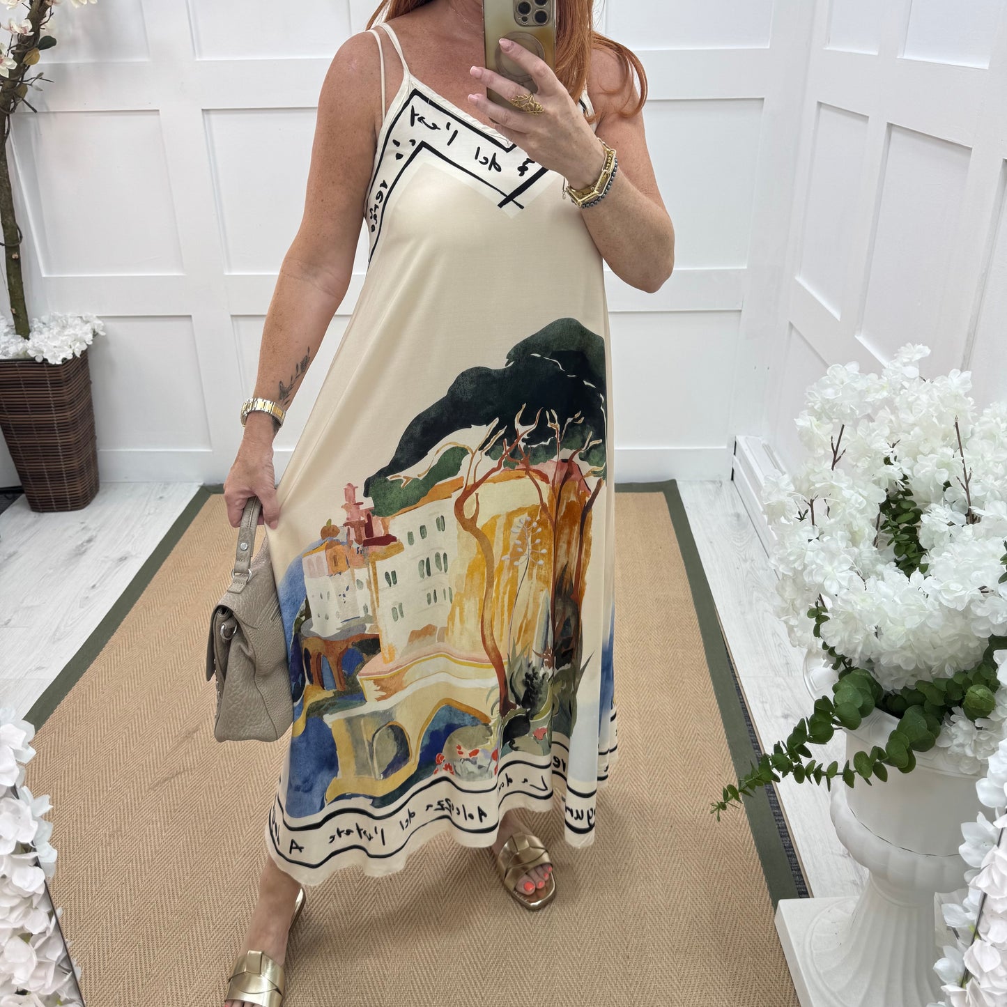 Ariana: Cream Amalfi print maxi dress. One size: 12-16