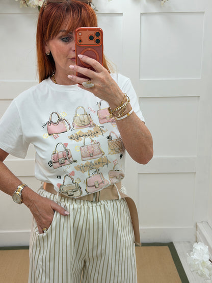 Petra: White diamanté handbag T shirt. One size: 12-18. 2 colours