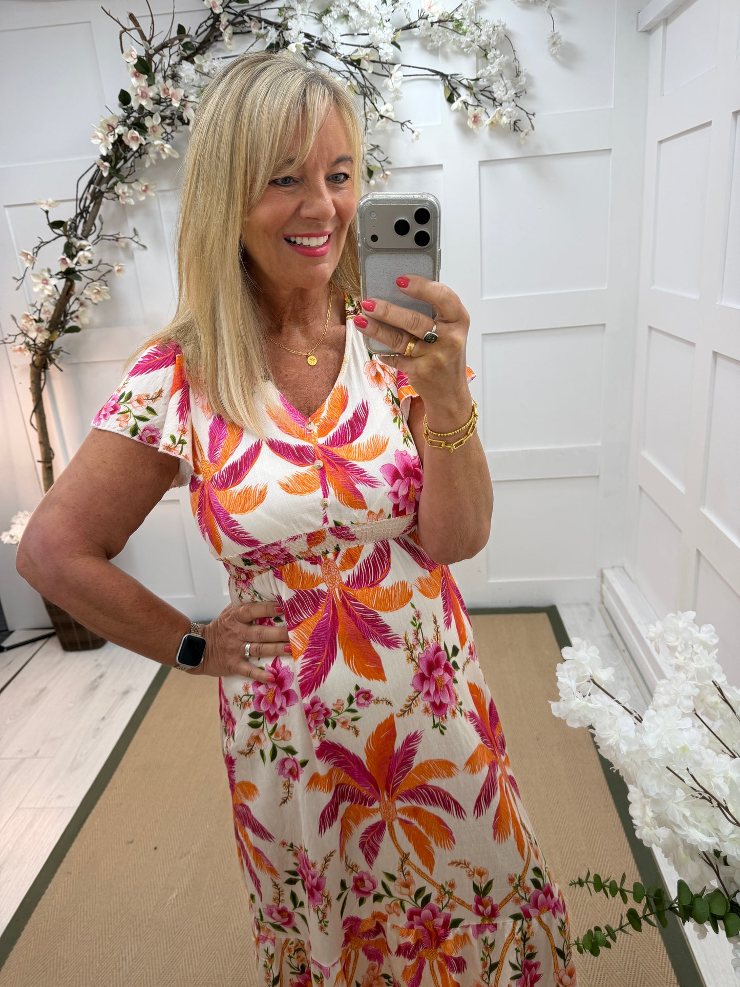 Phoebe: Orange floral print short sleeve maxi dress. One size: 10-14