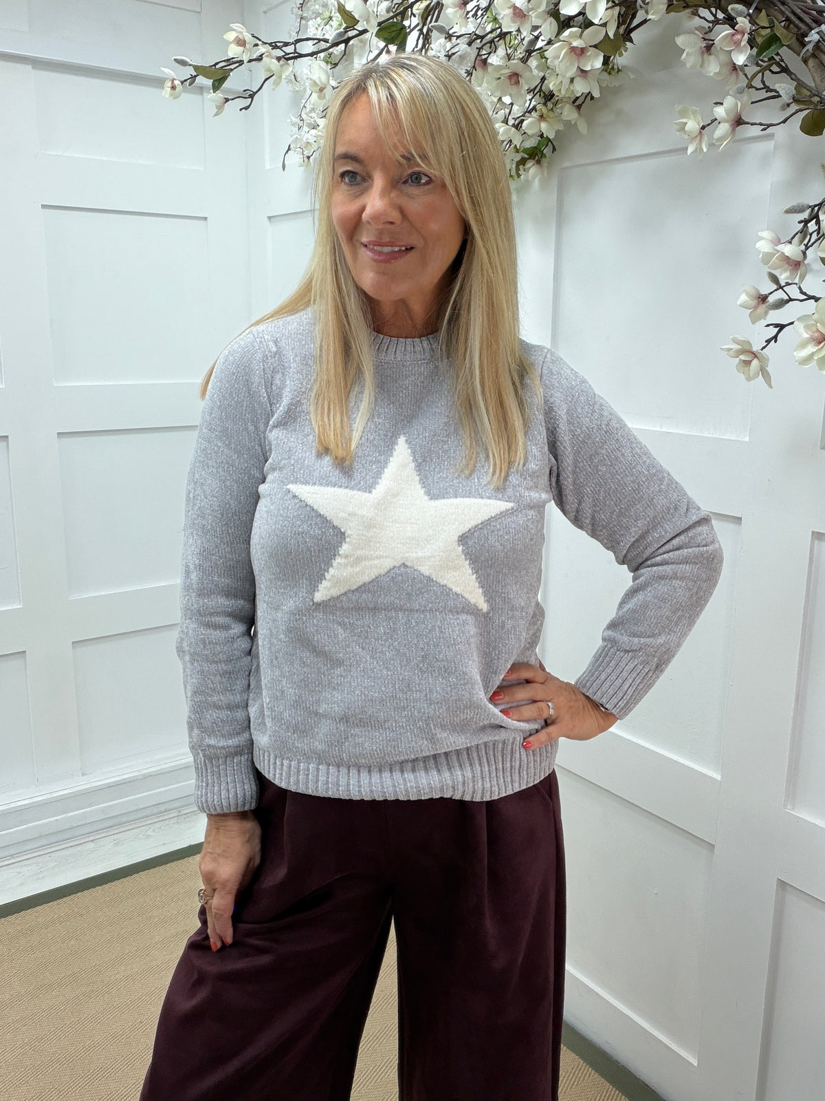 Sara: Soft star knit. One size: 10-16. 4 colours