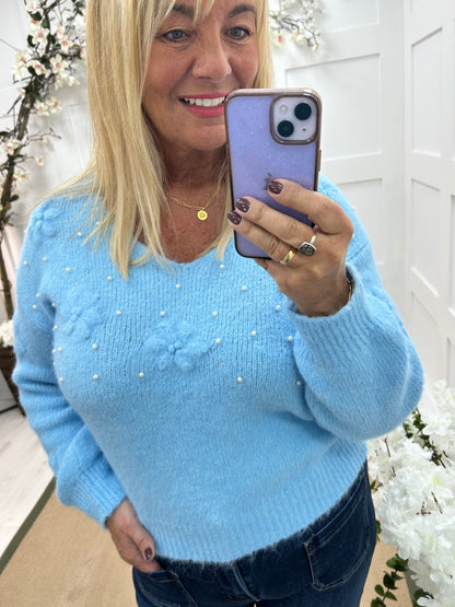 Selina: Blue batwing knitted top. One size: 12-18/20