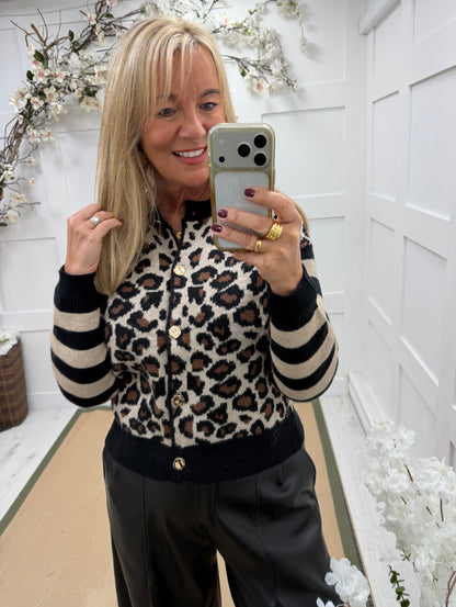 Angie: Leopard & stripe knit cardigan. One size: 10-16.