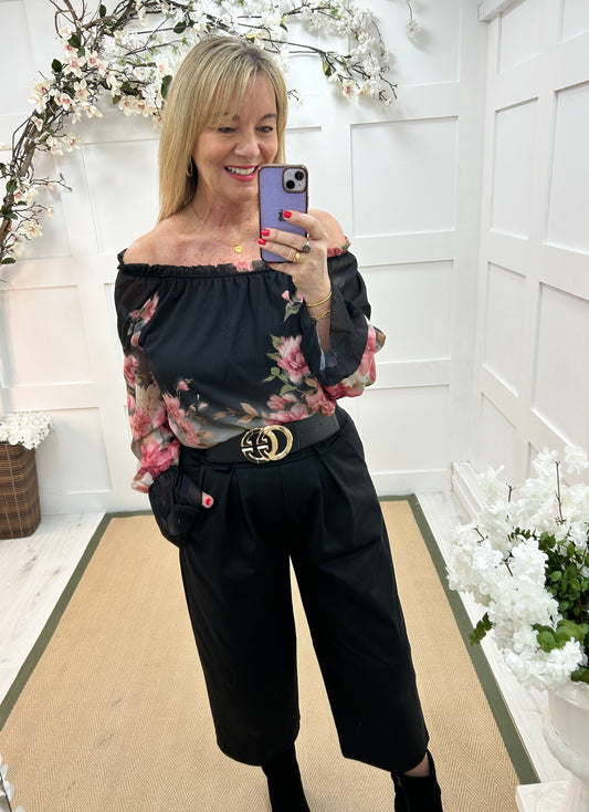Sybil: Black floral bardot top. One size 12-16