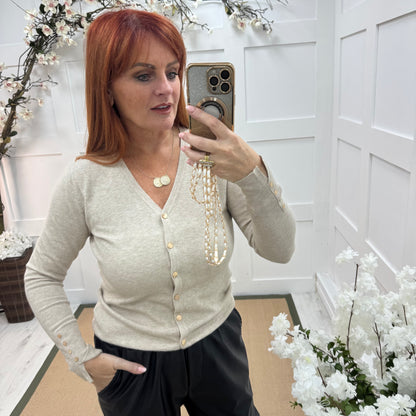 Katy: Cream V neck button sleeve top/cardigan. 2 sizes