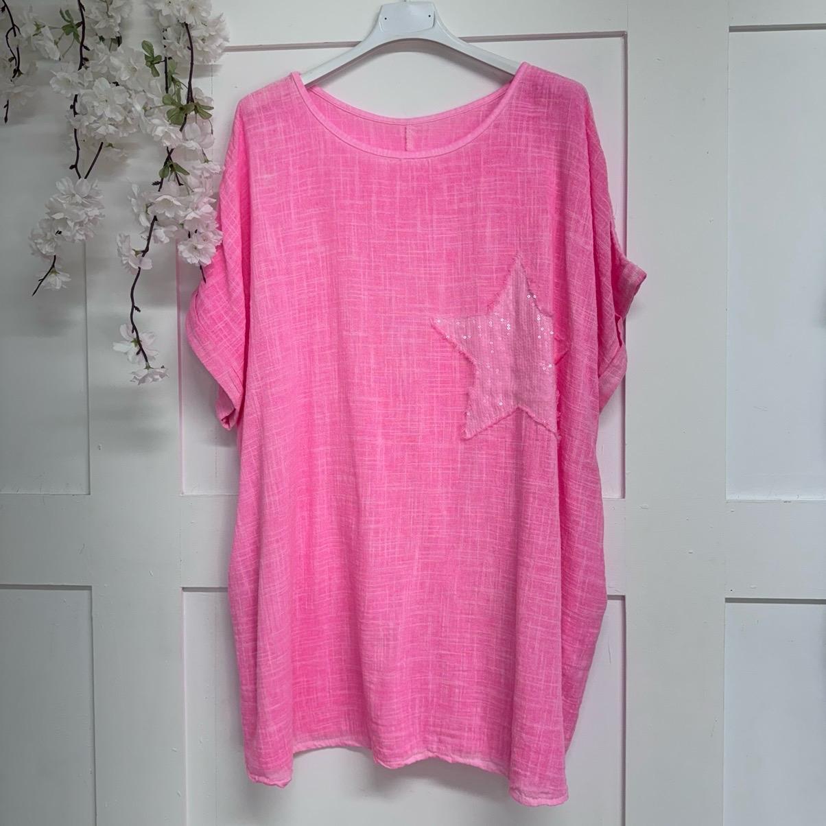 Nina: Cotton sequin star top with pockets. One Size 14-24