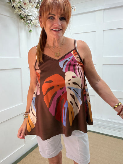 Lola: Palm leaf print strappy top. One size 10-16. 3 colours