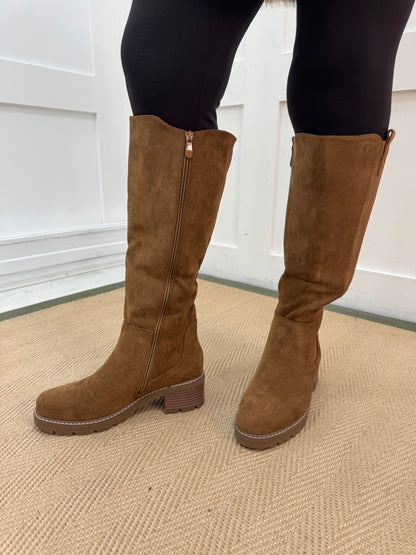 Tessa: Tan stretchy knee high boots. Sizes 3-8