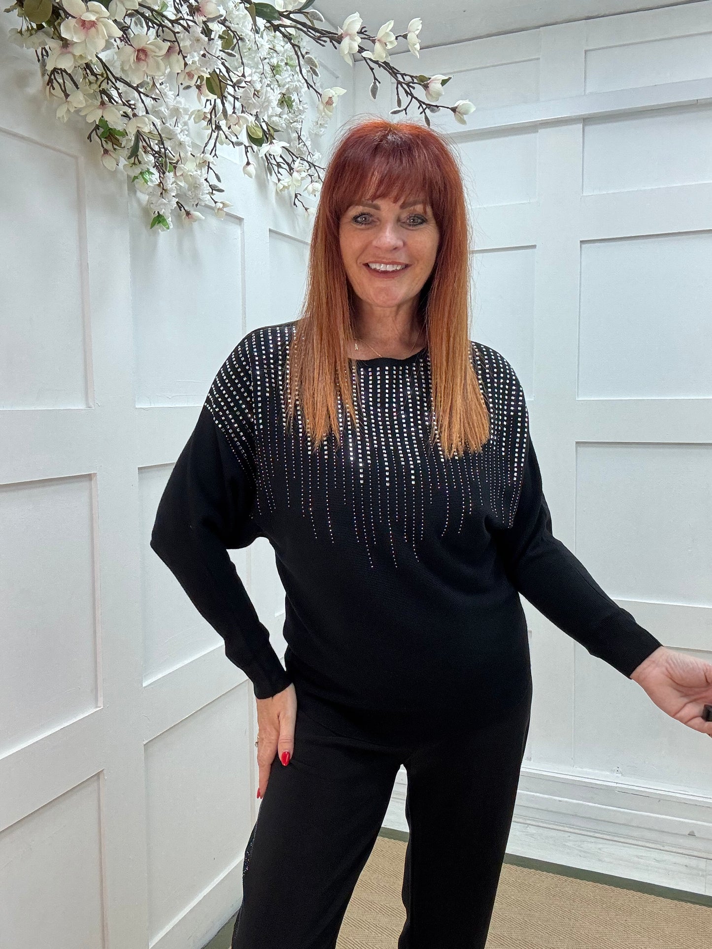 Arabella: Black diamanté long sleeve top. One size: 12-16