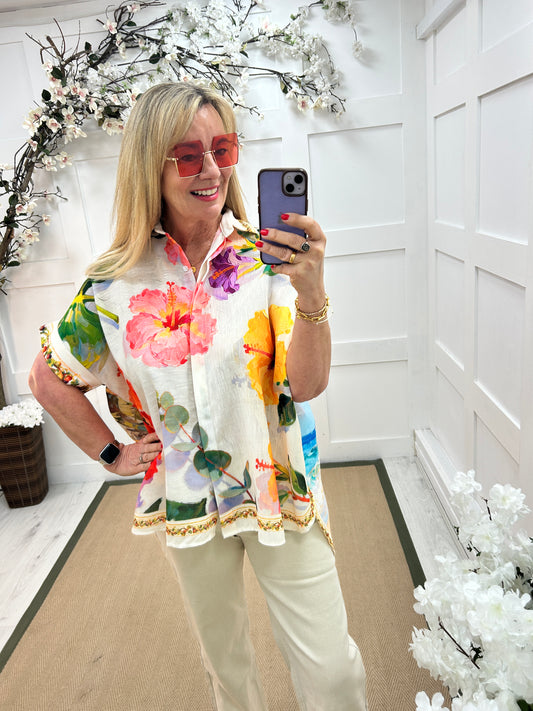 Olivia: Multicoloured floral print oversized shirt. One size: 14-22