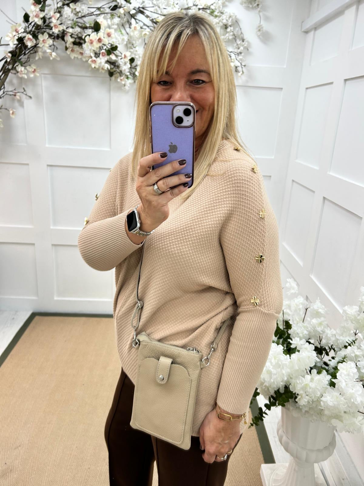 Bridie: Sand clover button detailed waffle top. One size 14-20