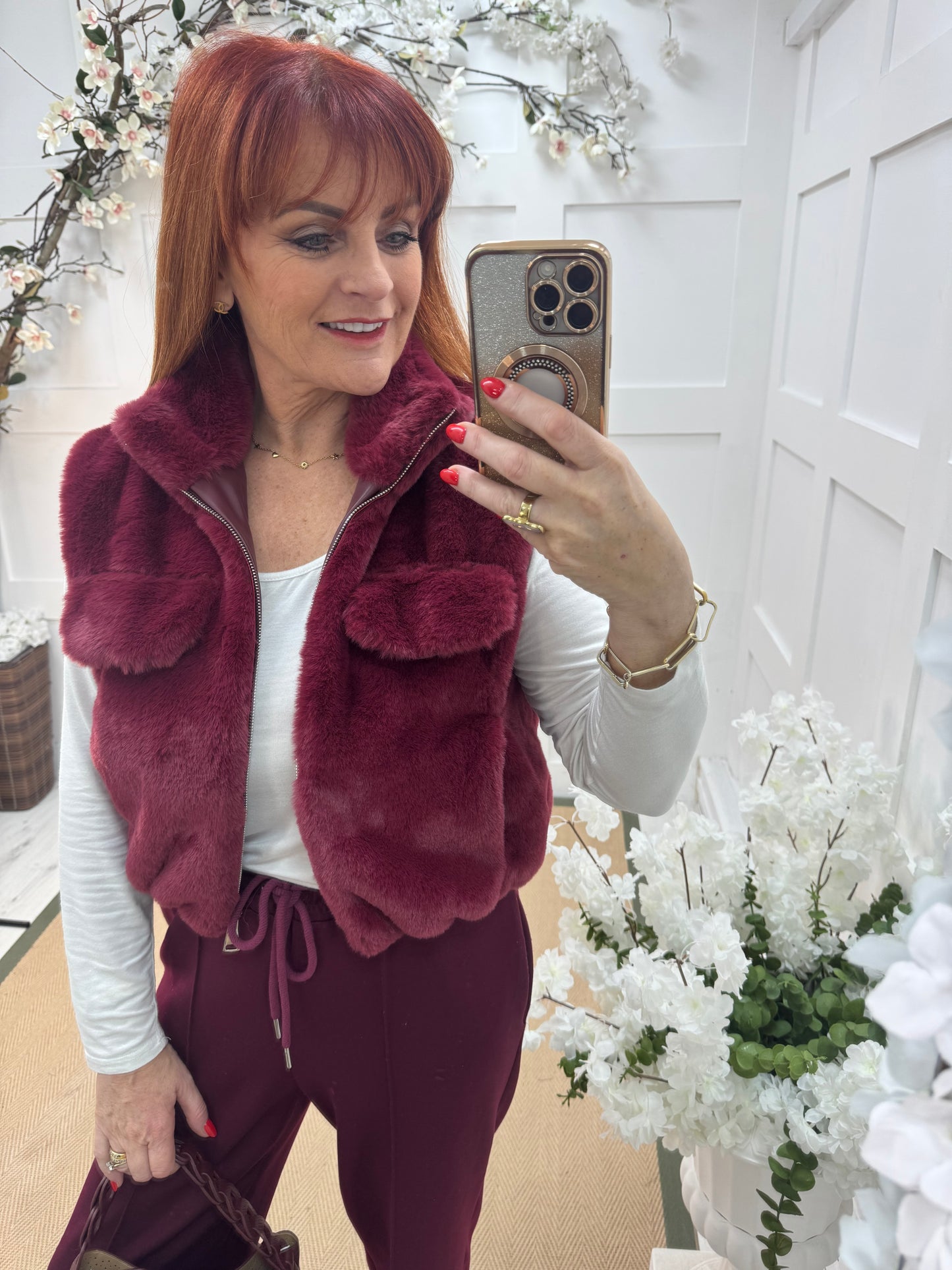 Effie: Burgundy teddy bear faux fur gilet. One size 8-14