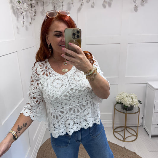 Ellie: White fluted arm crochet top & vest. One size: 10-16