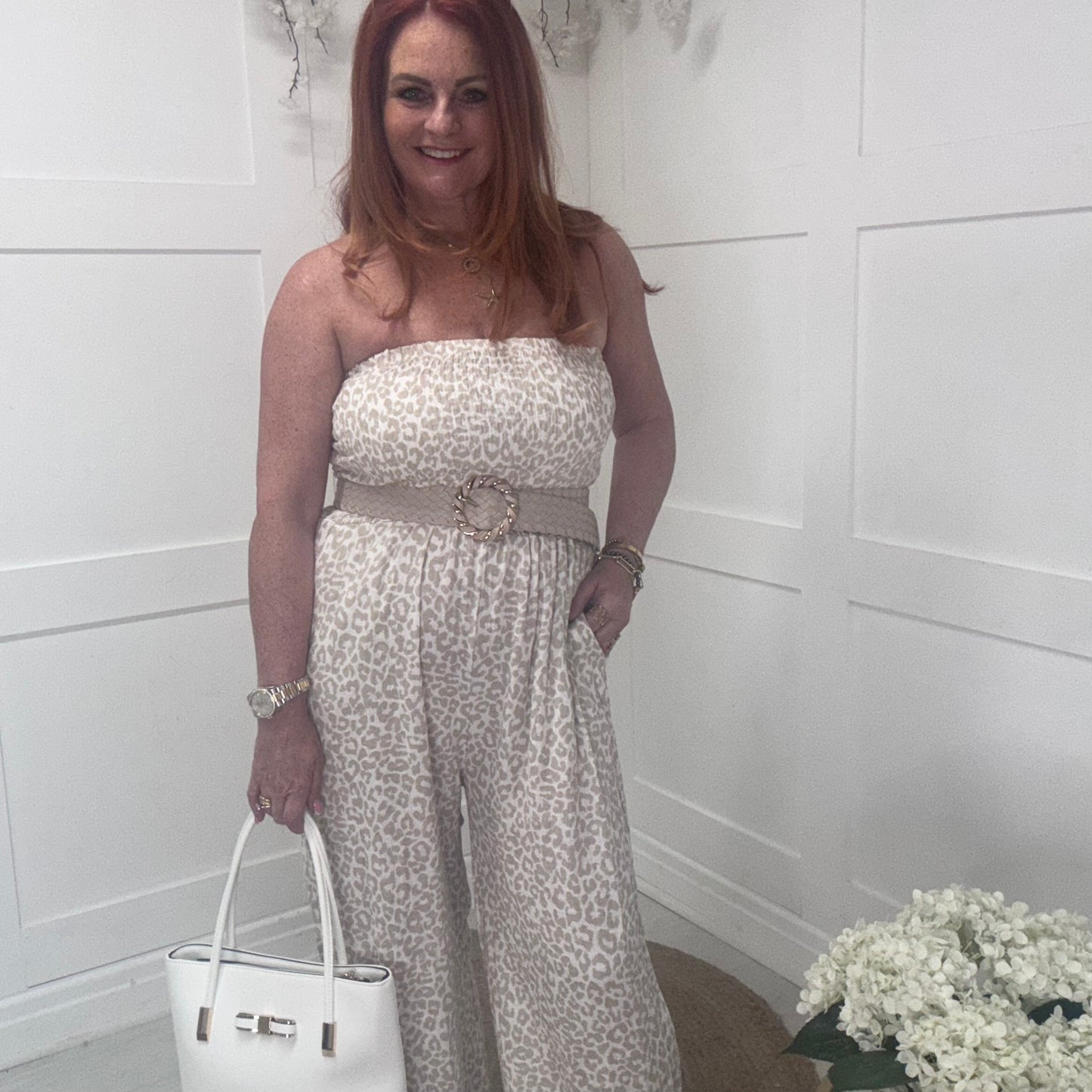 Hollie: Stone leopard print wide leg jumpsuit. One size: 12-18