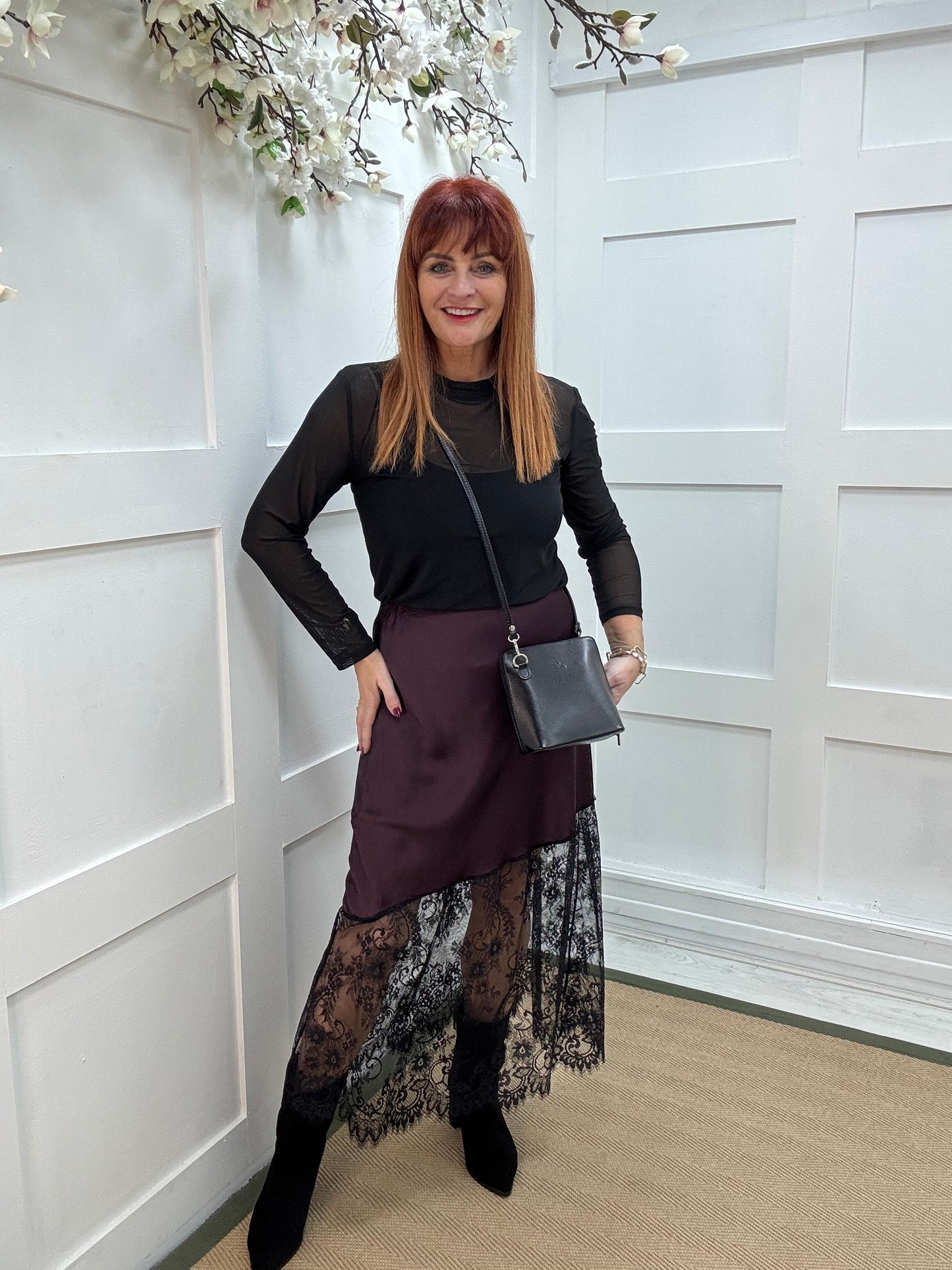 Sylphie: Burgundy Silk Skirt with Sheer Lace Bottom. One size: 10-16