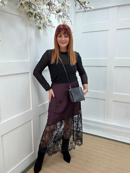 Sylphie: Burgundy Silk Skirt with Sheer Lace Bottom. One size: 10-16
