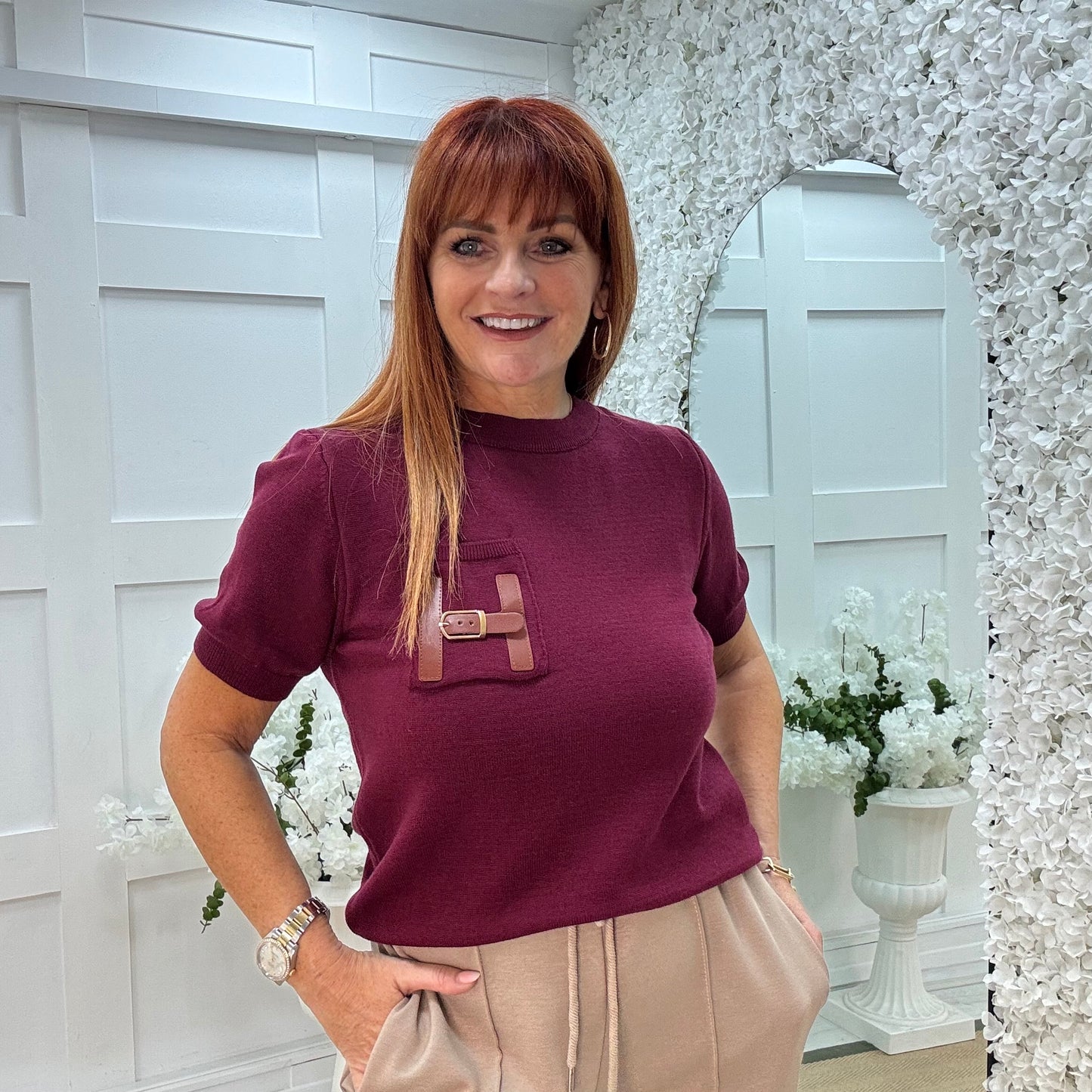 Harley: Burgundy H logo knit top. One size: 10-16