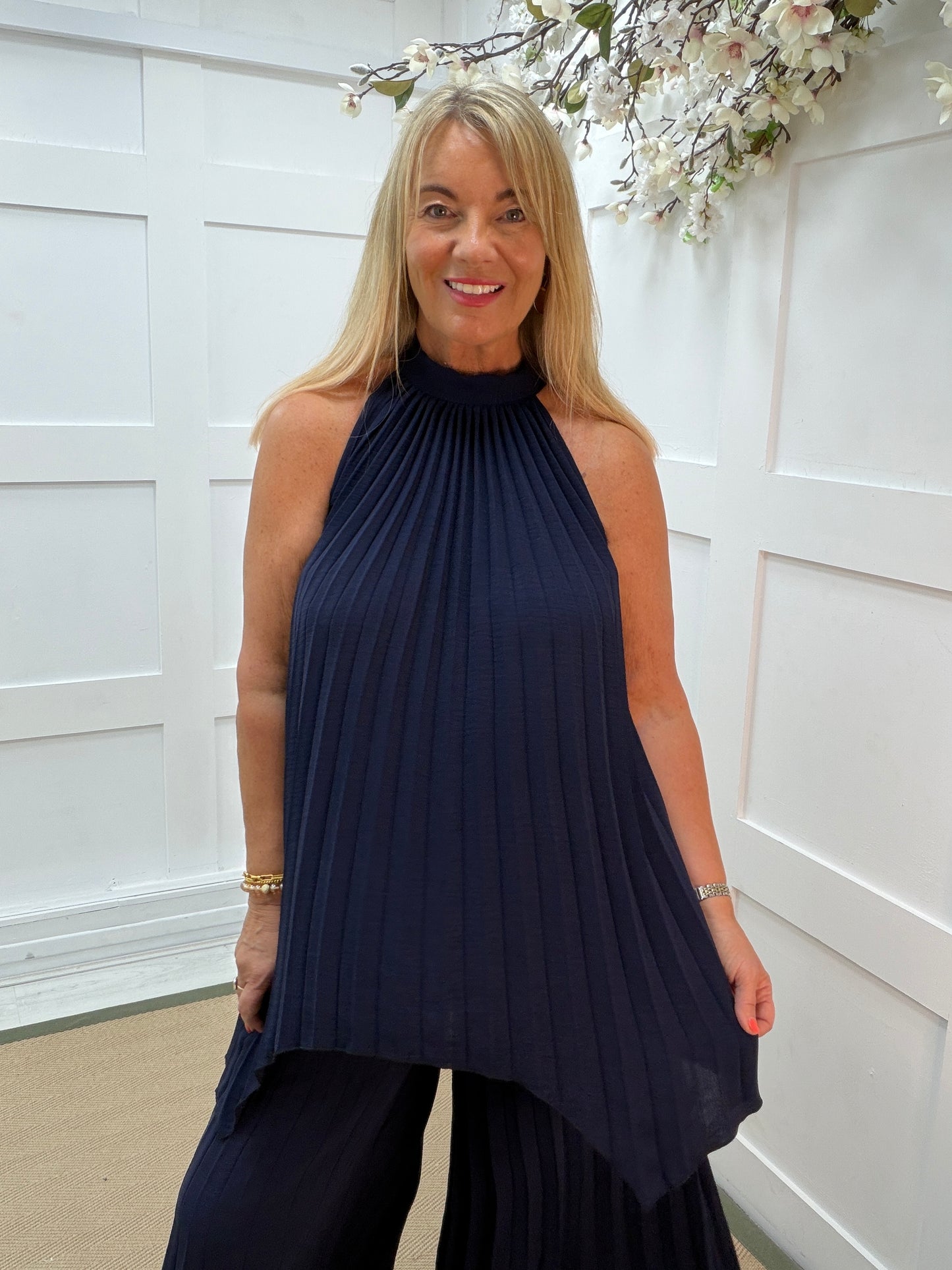 Cora: Pleated halter neck top & trouser set. One size: 12-16. 3 colours