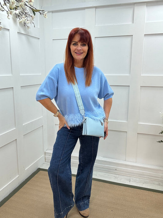 Honey: Blue fringe hem knit top. One size: 10-16