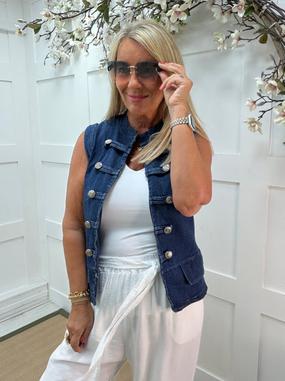 Dallas: Denim Military style waistcoat. One size: 10-16.