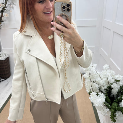 Dorita: Cream soft feel biker jacket. 3 sizes