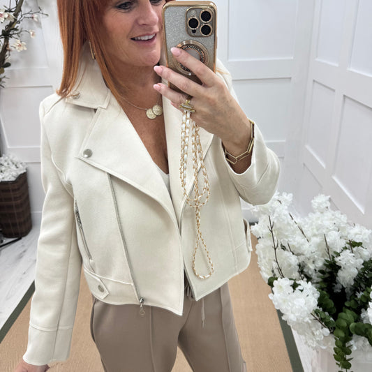 Dorita: Cream soft feel biker jacket. 3 sizes