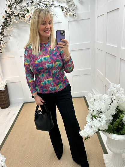 Kylie: Multicoloured sheer mesh top. 12-18