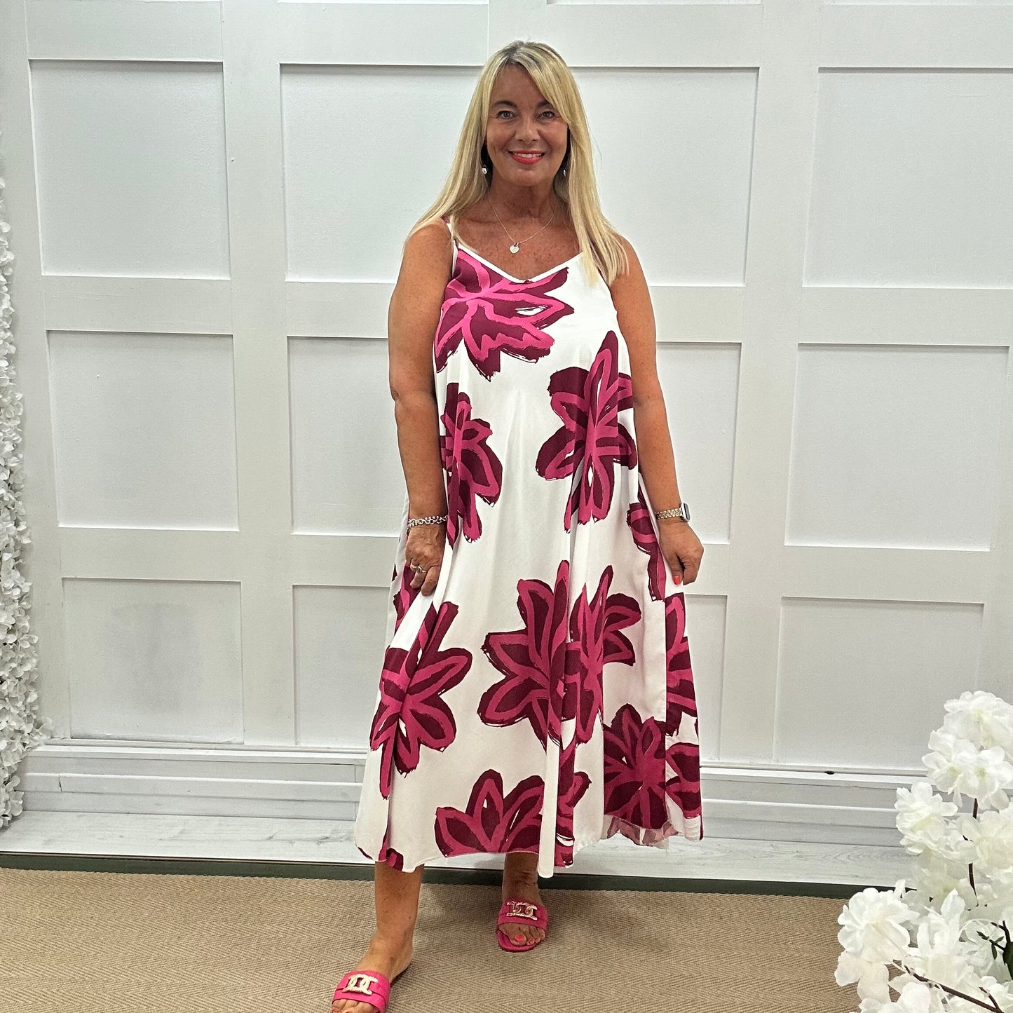 Helena: Burgundy big flower maxi dress. One size: 14-22