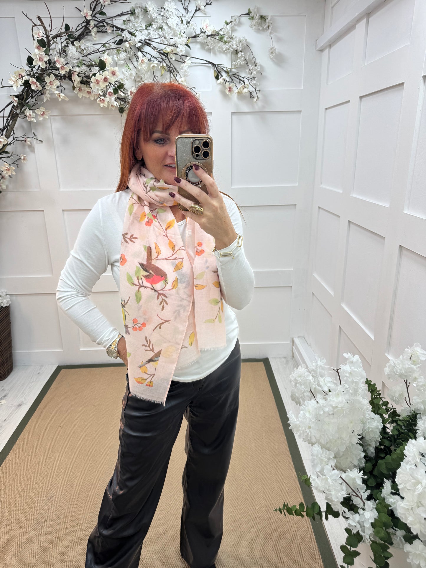 Robyn: Blush pink robin & blue tit bird scarf