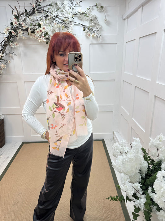 Robyn: Blush pink robin & blue tit bird scarf