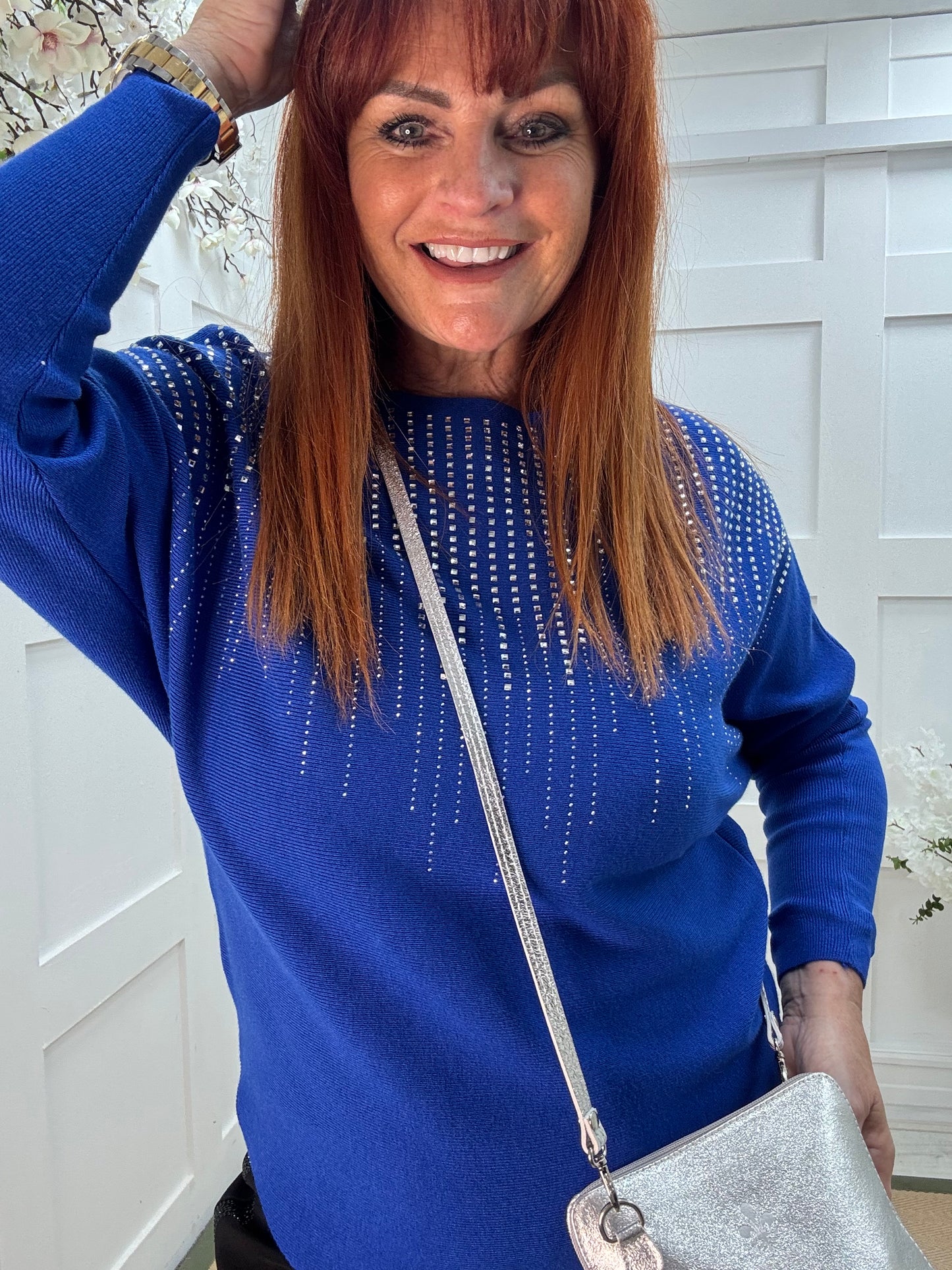 Arabella: Blue diamanté long sleeve top. One size: 12-16
