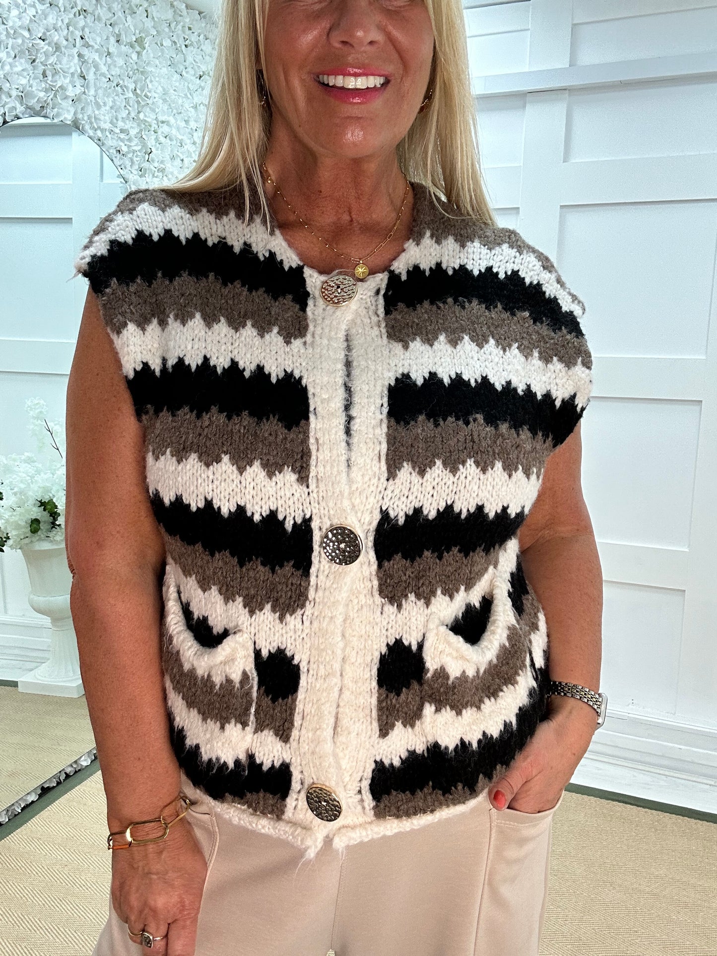 Nova: Brown stripe knitted waistcoat. One size: 12-18