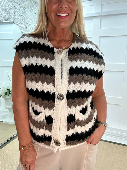 Nova: Brown stripe knitted waistcoat. One size: 12-18